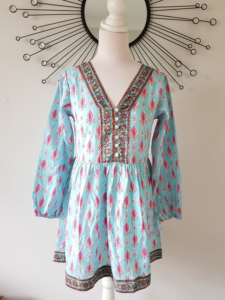 Eka - Hand Block Print India Cotton Short Dress - Blue