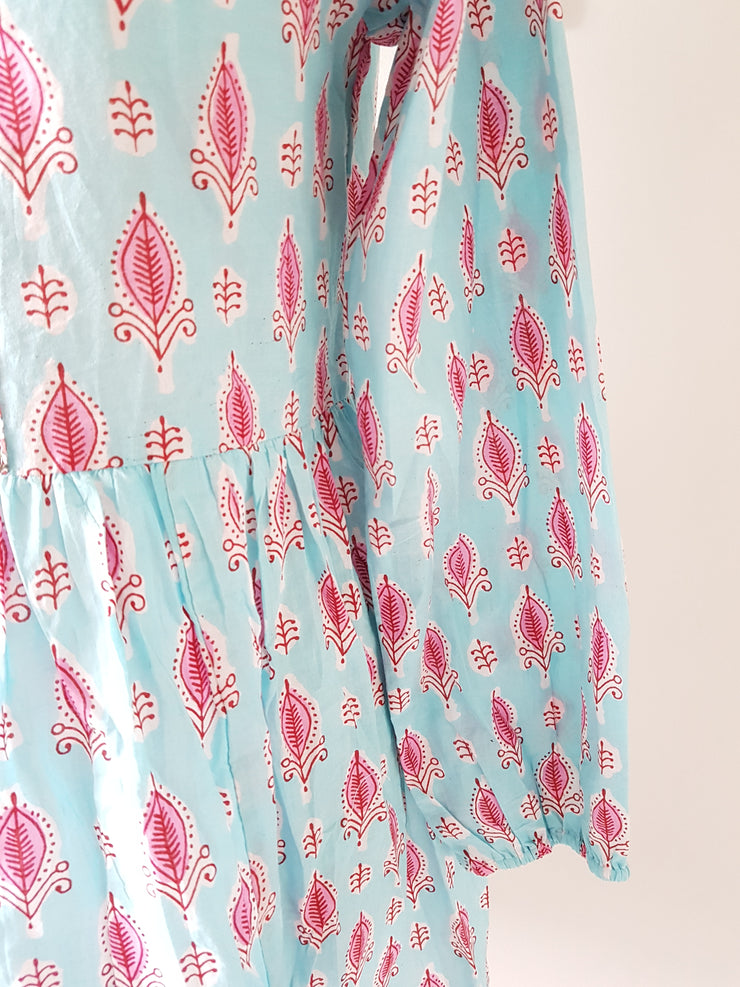 Eka - Hand Block Print India Cotton Short Dress - Blue