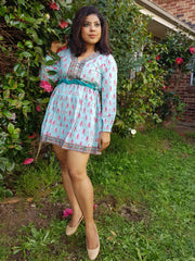 Eka - Hand Block Print India Cotton Short Dress - Blue