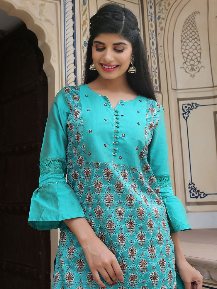 Green Embroidered Straight Chanderi Silk Kurta with Pants