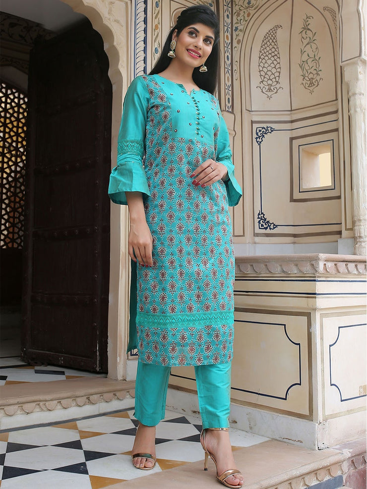 Green Embroidered Straight Chanderi Silk Kurta with Pants