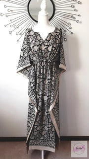 Black Floral Hand Block Print Long Kaftan