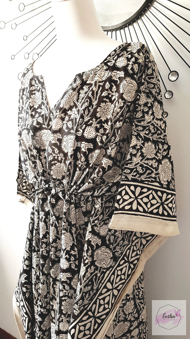 Black Floral Hand Block Print Long Kaftan