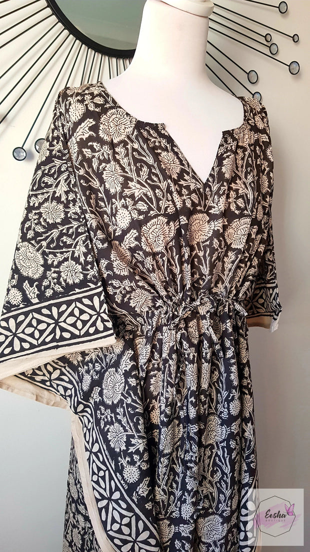 Black Floral Hand Block Print Long Kaftan