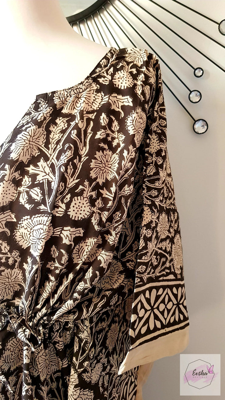 Black Floral Hand Block Print Long Kaftan