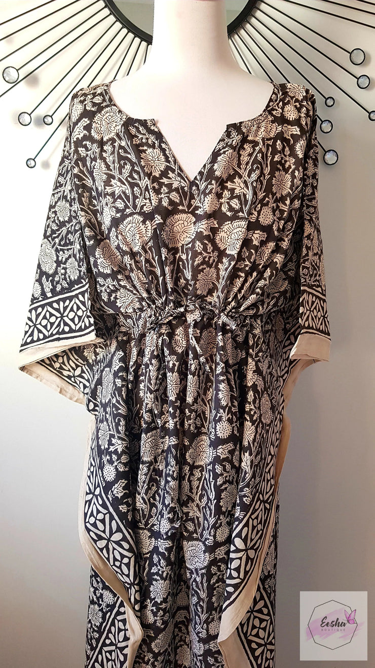 Black Floral Hand Block Print Long Kaftan