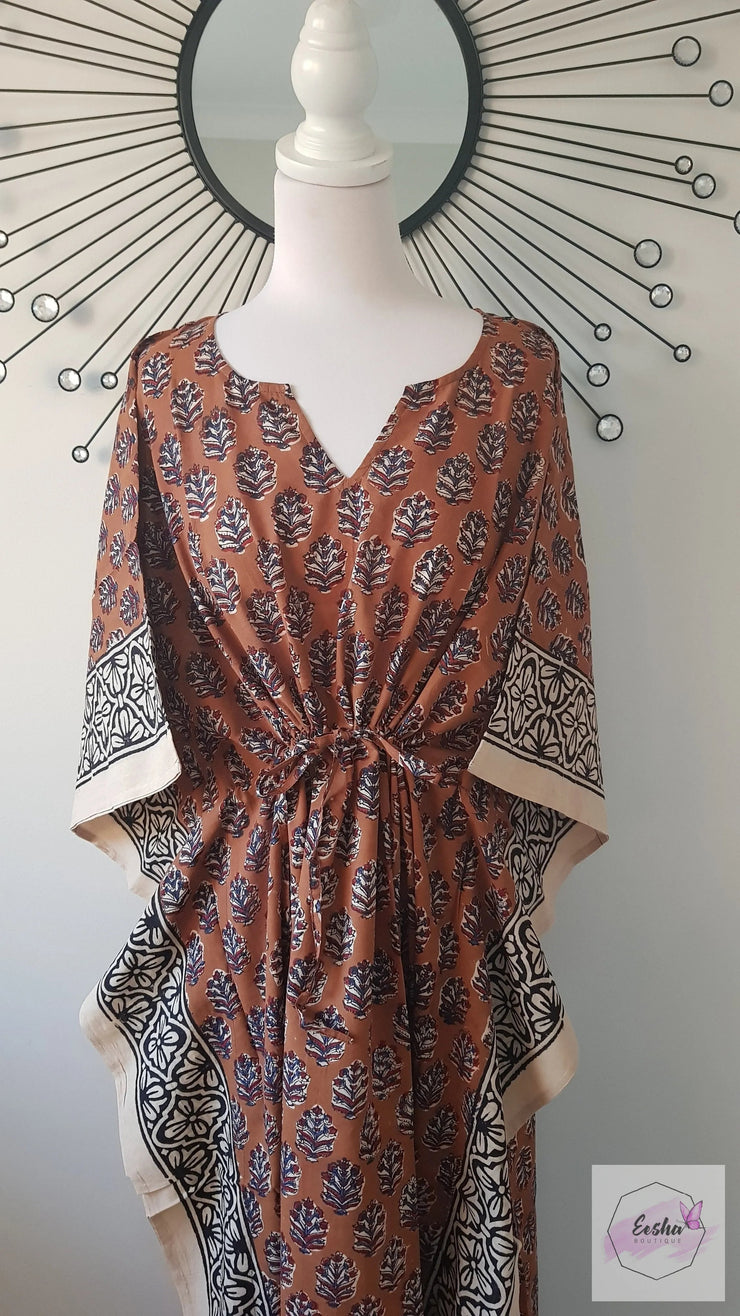 Brown Butti Kalamkari Hand Block Print Long Kaftan
