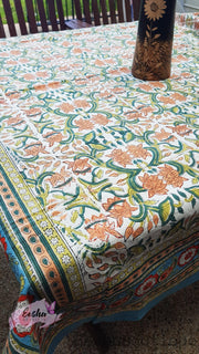 Hand Block Printed Table Cloth-Orange Lotus