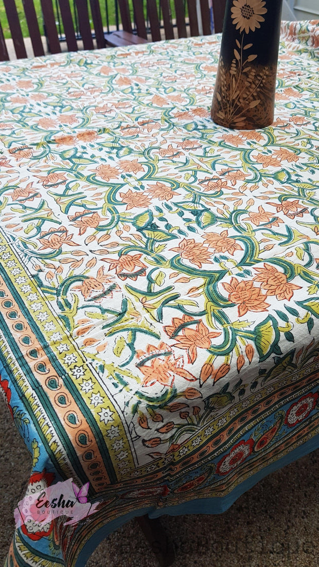 Hand Block Printed Table Cloth-Orange Lotus -  by EeshaBoutique - gshop