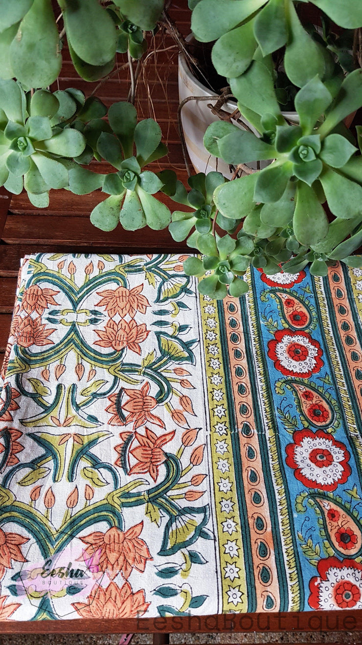 Hand Block Printed Table Cloth-Orange Lotus