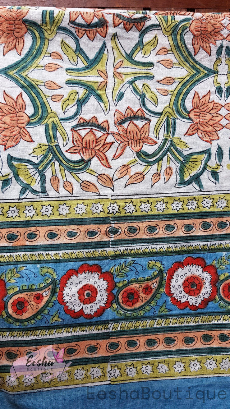 Hand Block Printed Table Cloth-Orange Lotus