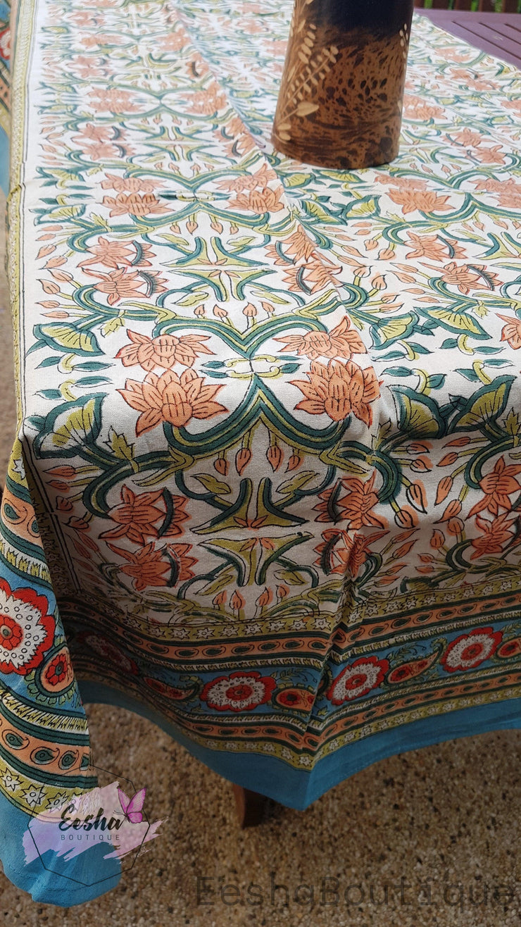 Hand Block Printed Table Cloth-Orange Lotus