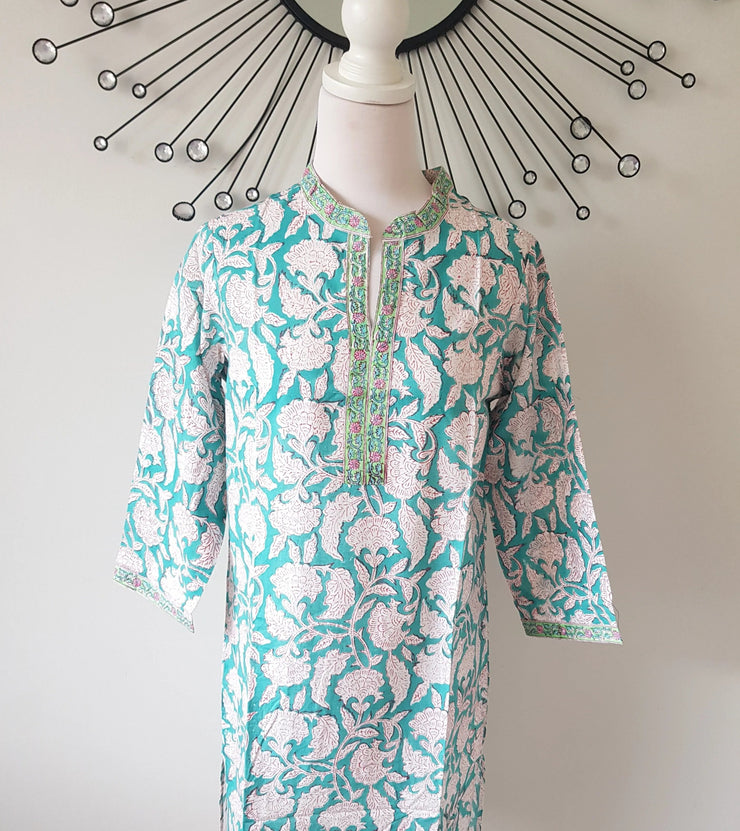 Teal Floral Hand Block Print Tunic