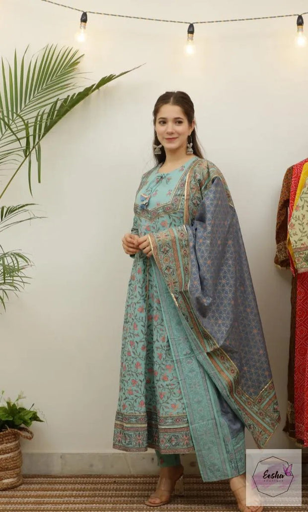 Sky Blue Floral Anarkali Set