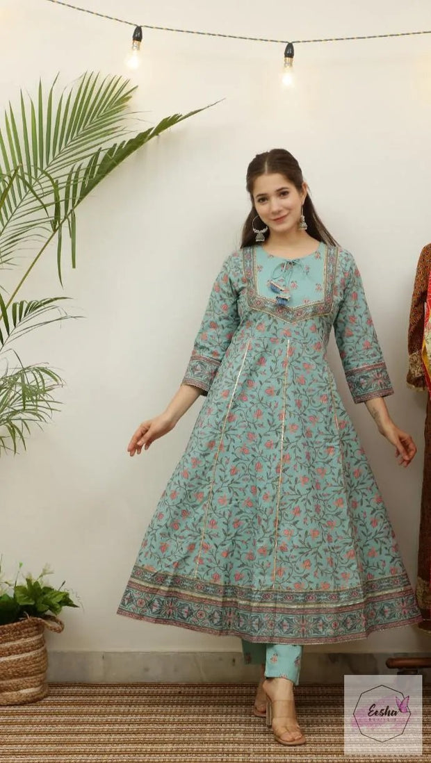 Sky Blue Floral Anarkali Set