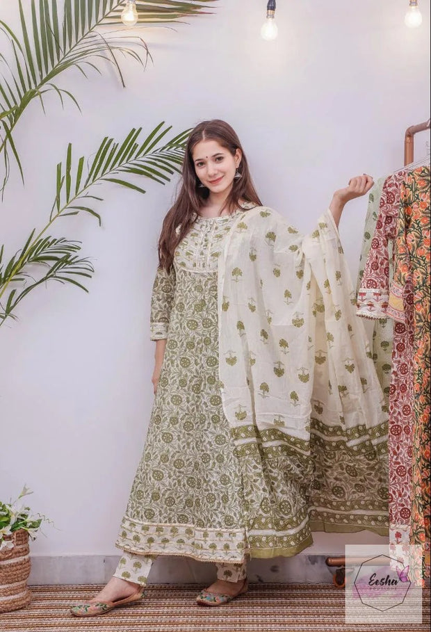 Moss Green Floral Anarkali Set