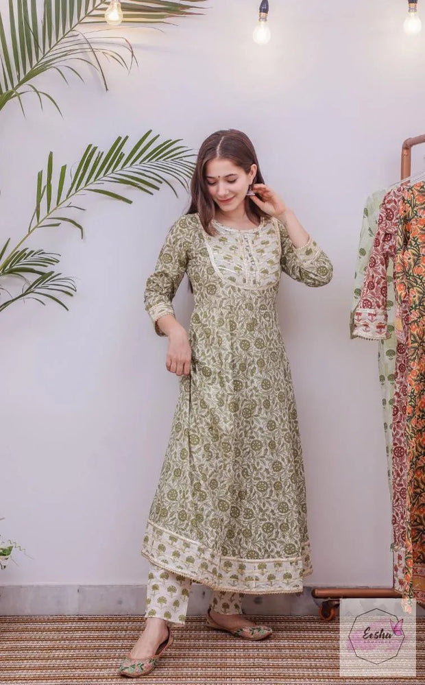 Moss Green Floral Anarkali Set