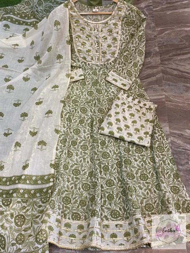 Moss Green Floral Anarkali Set