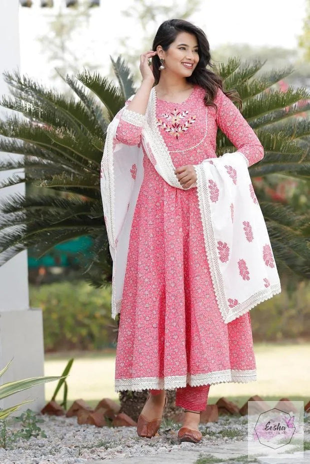 Lace Work Cotton Anarkali Set