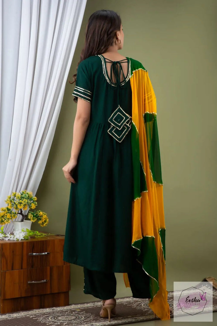Green and Yellow Anarkali with pant and dupatta