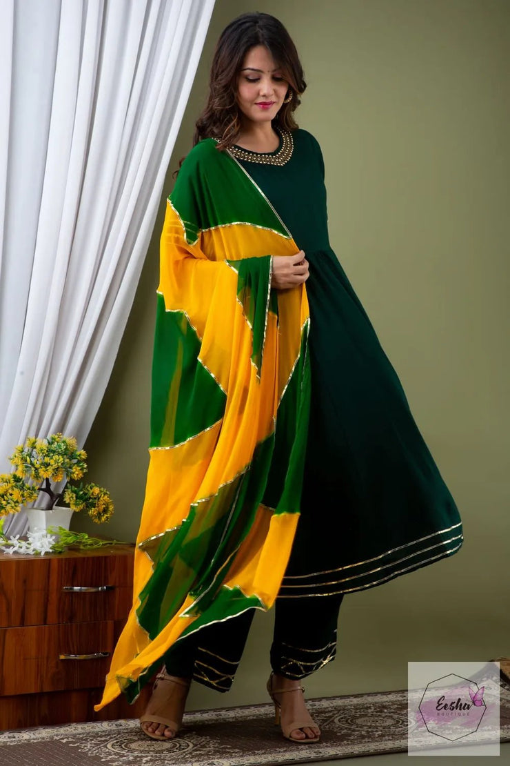 Green and Yellow Anarkali with pant and dupatta