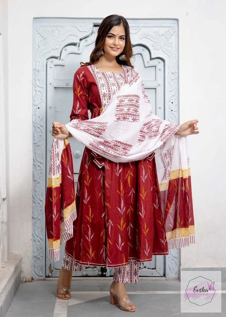 Red and White Kurti with pant and dupatta