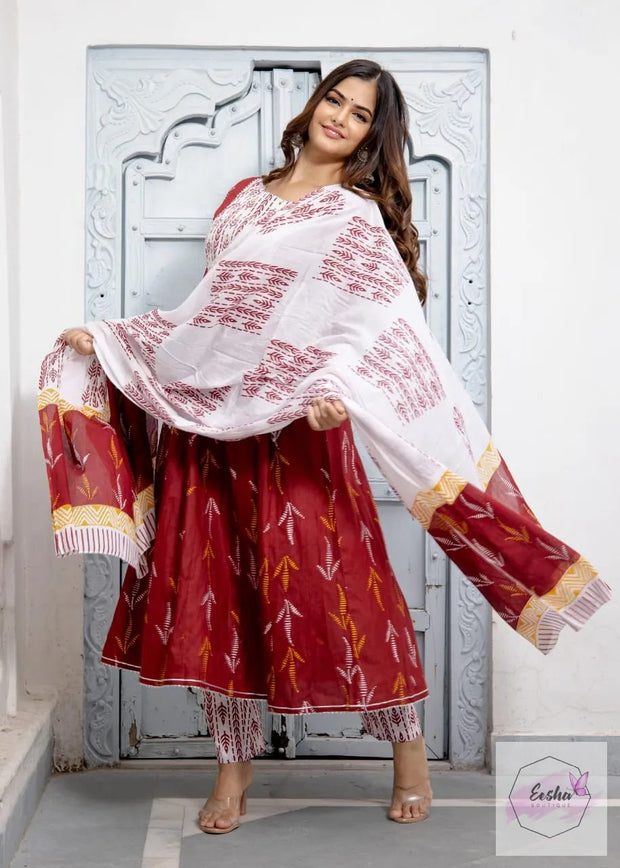 Red and White Kurti with pant and dupatta