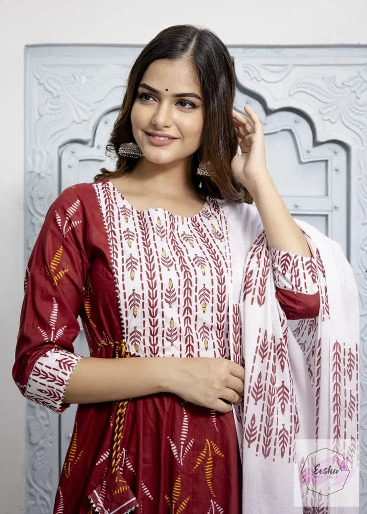 Red and White Kurti with pant and dupatta