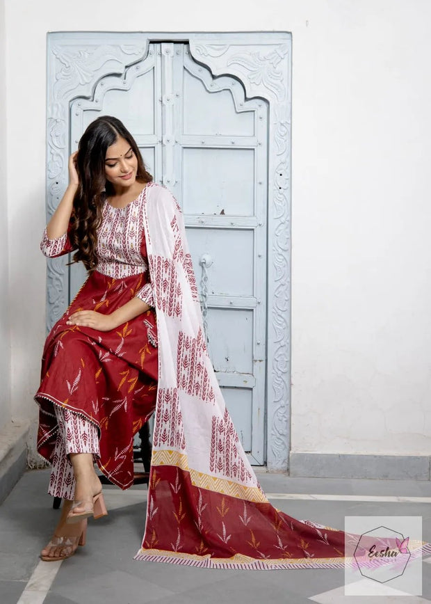 Red and White Kurti with pant and dupatta