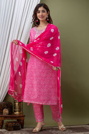 Pink Lahariya Kurti with pant and dupatta