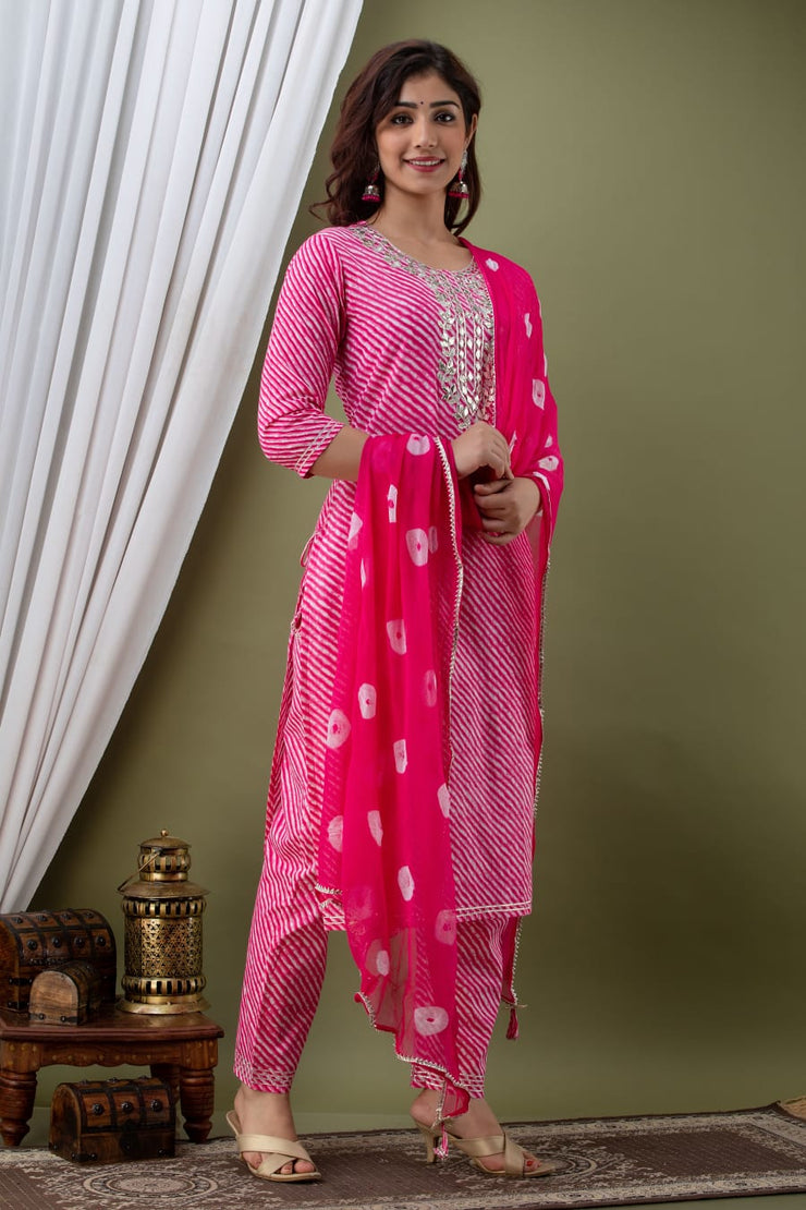Pink Lahariya Kurti with pant and dupatta