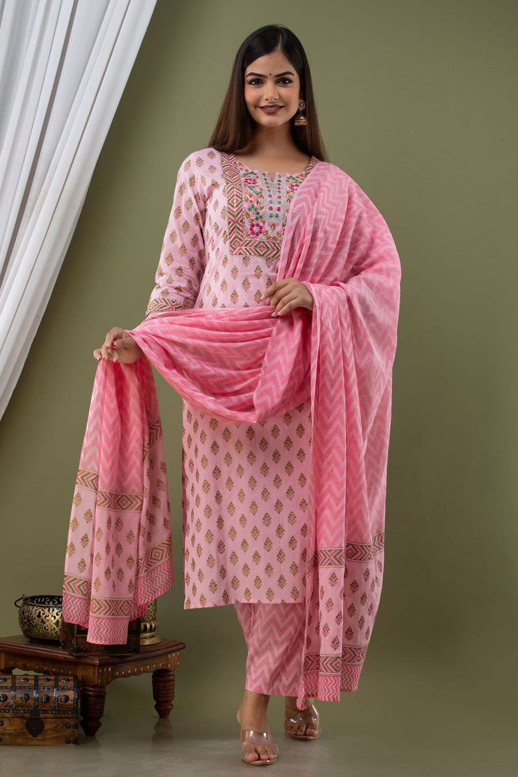 Baby pink straight Kurti with pant and dupatta
