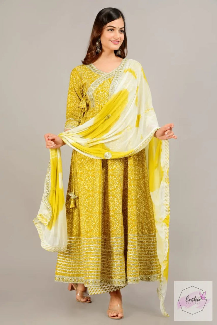 Bandej Print Cotton Angarkha Style Anarkali With Palazzo and Dupatta