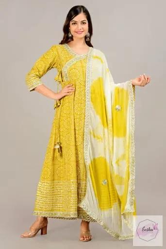 Bandej Print Cotton Angarkha Style Anarkali With Palazzo and Dupatta