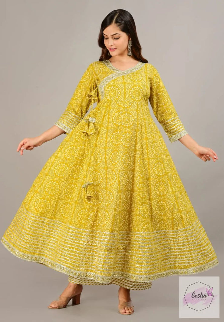 Bandej Print Cotton Angarkha Style Anarkali With Palazzo and Dupatta