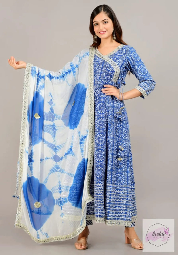 Bandej Print Cotton Angarkha Style Anarkali With Palazzo and Dupatta