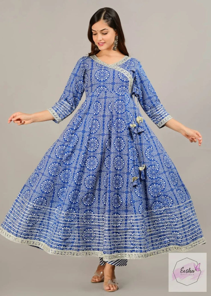 Bandej Print Cotton Angarkha Style Anarkali With Palazzo and Dupatta