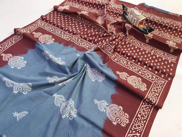 Hand Block Print Cotton Mulmul Saree - Saree by EeshaBoutique - gshop