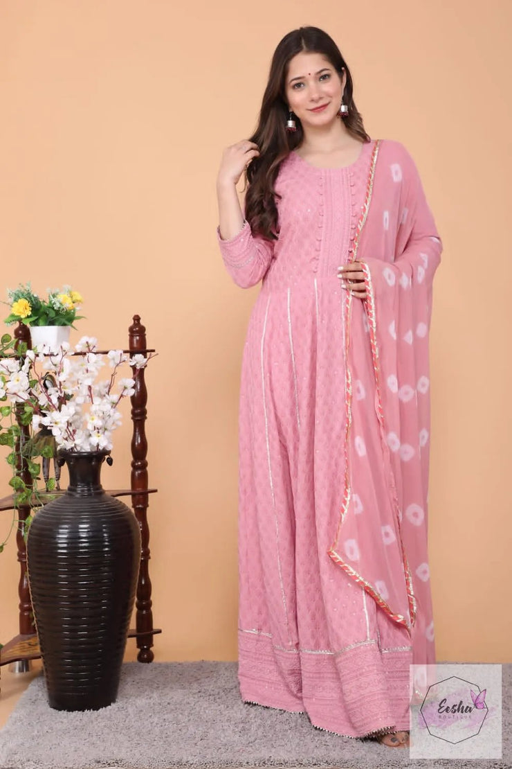 Baby Pink Rayon Anarkali Long Gown With Tie Dye Dupatta