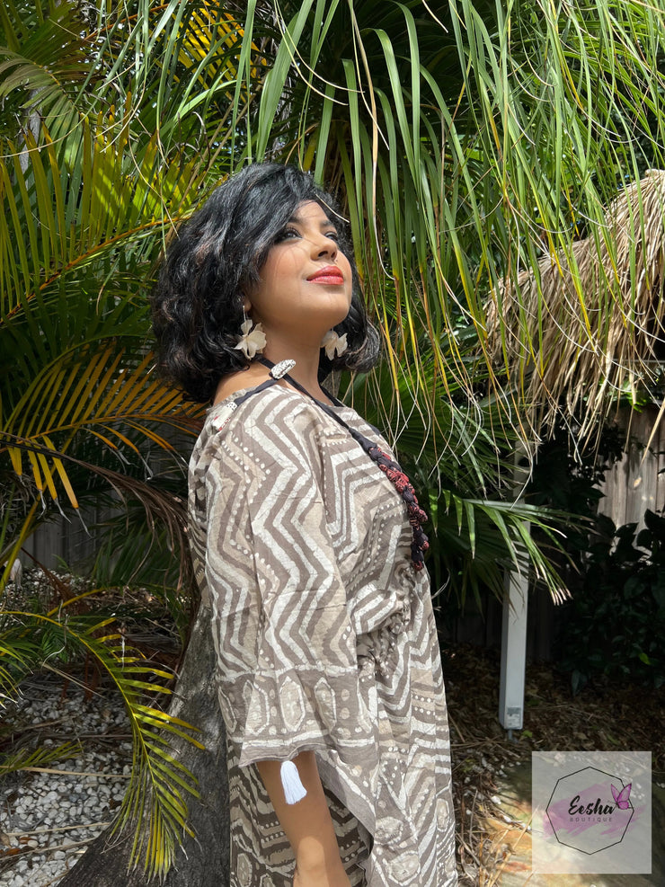 Long Kaftan - Dabu Print With Tussles