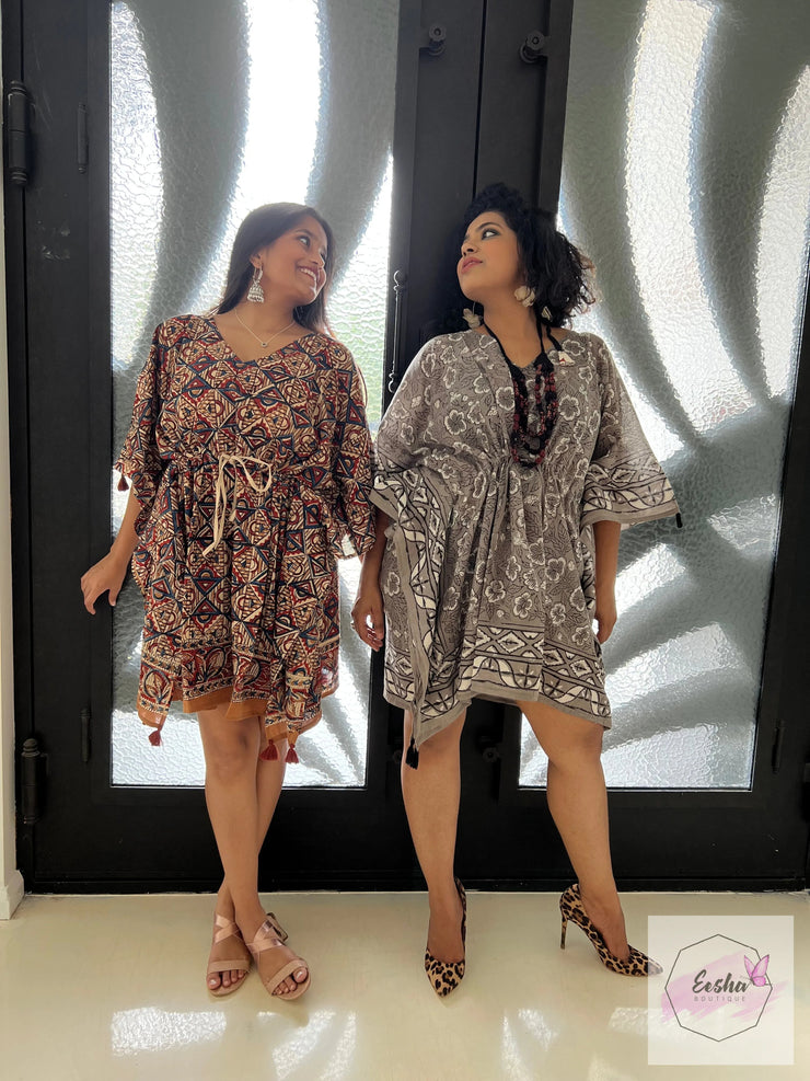 Short Kaftan - Floral Dabbu Print with Tussles