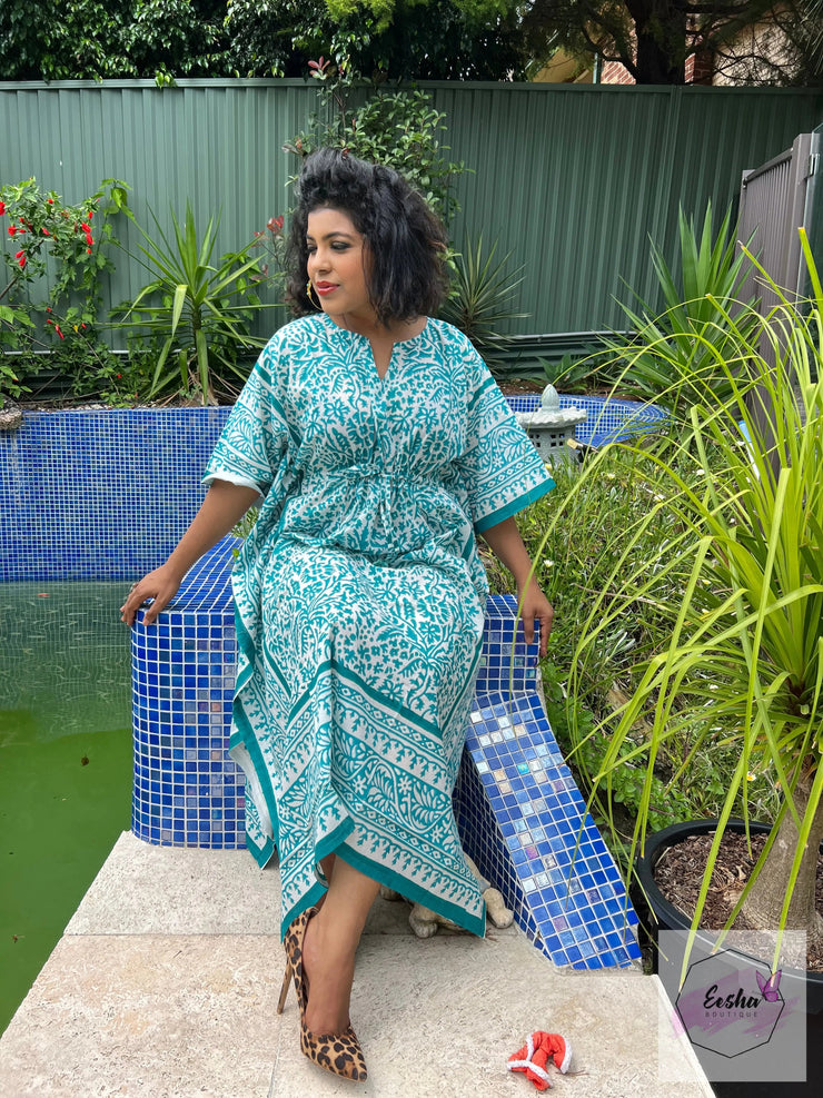 Aqua - Hand Block Print Long Kaftan