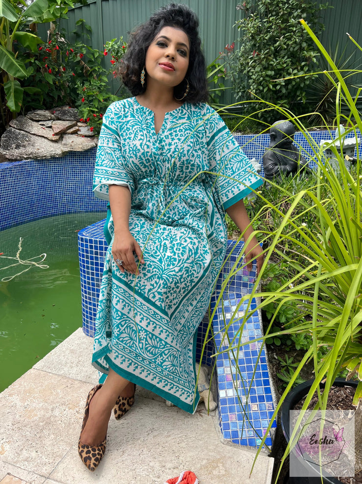 Aqua - Hand Block Print Long Kaftan