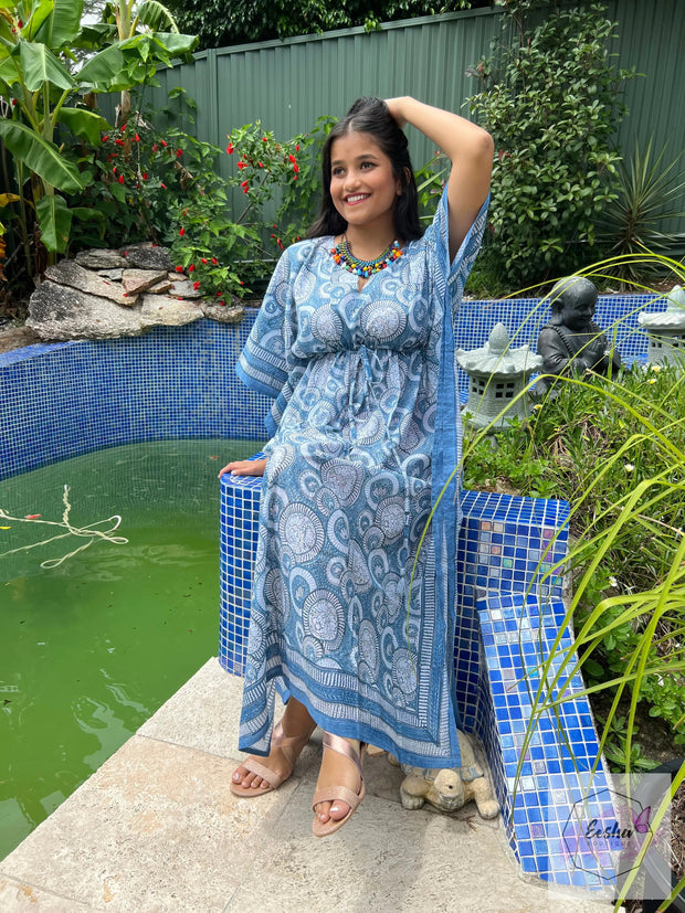 Blue Lotus - Hand Block Print Long Kaftan