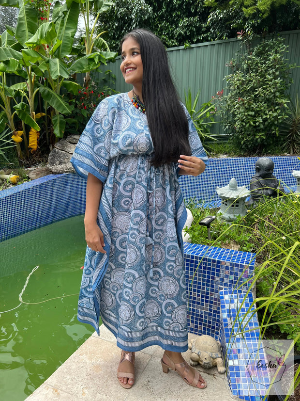 Blue Lotus - Hand Block Print Long Kaftan