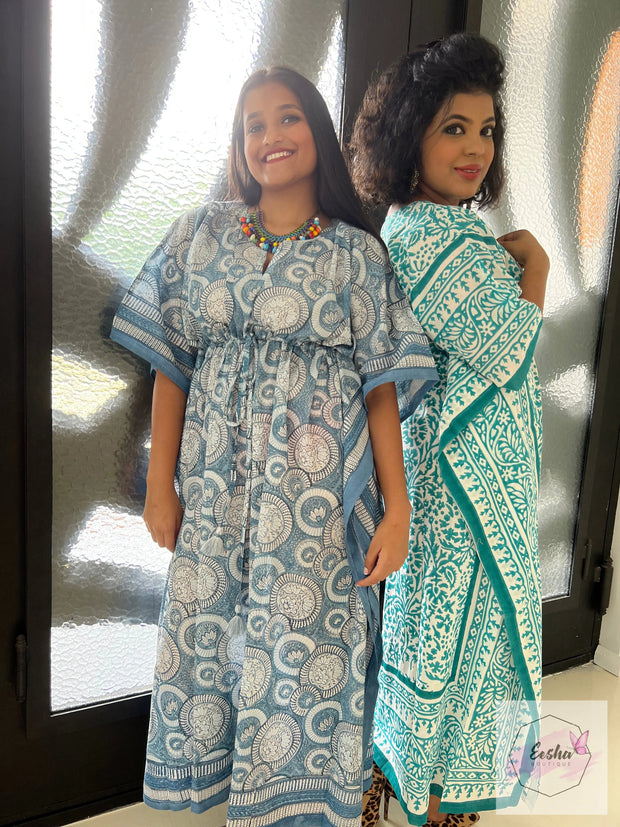 Blue Lotus - Hand Block Print Long Kaftan