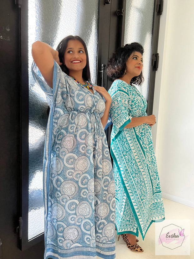 Blue Lotus - Hand Block Print Long Kaftan