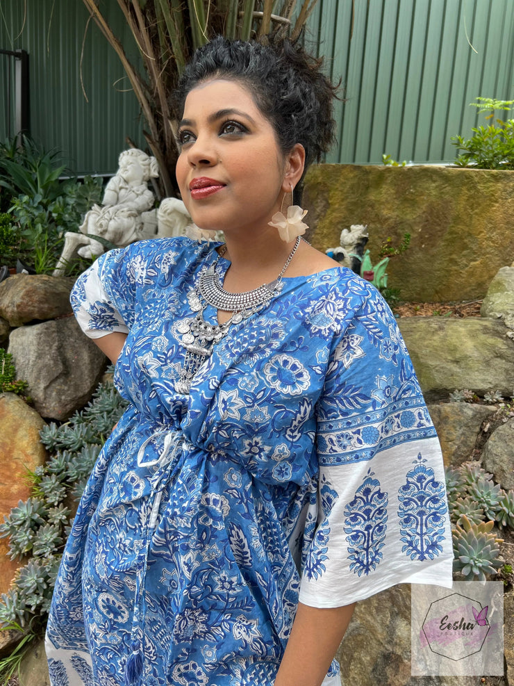Blue Sunflower - Hand Block Print Long Kaftan