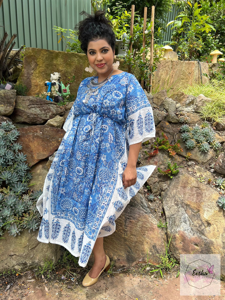 Blue Sunflower - Hand Block Print Long Kaftan