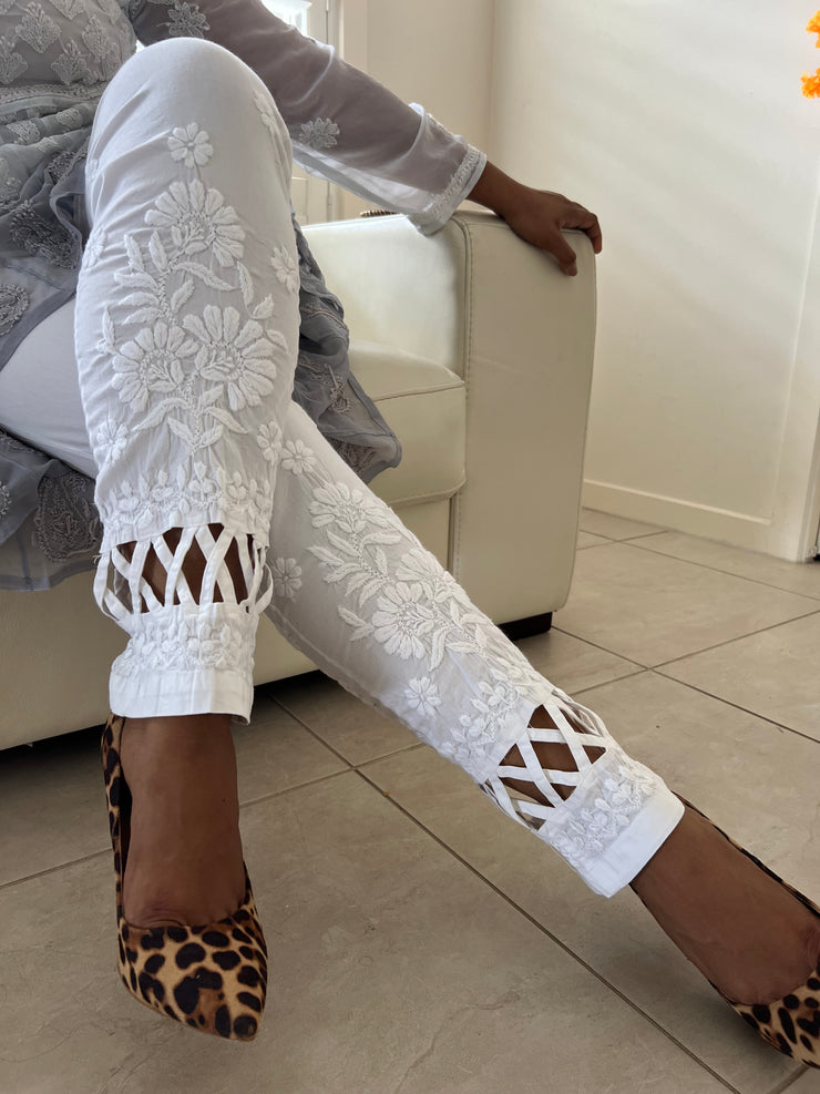 White Cotton Lycra Cigarette Pant